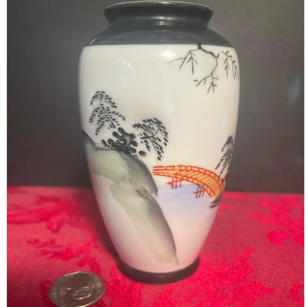 Vintage Japanese Hand Painted Porcelain Vase Pagoda and Bridge and Mountains